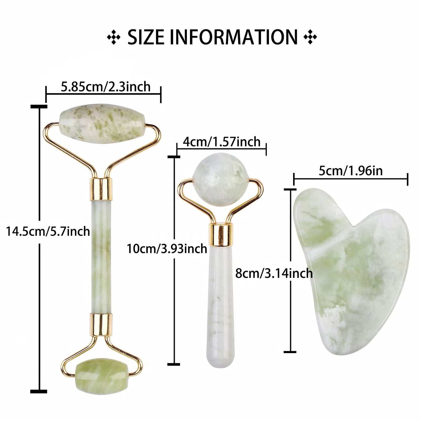 Natural jade roller and gua sha set with size information for facial massage and skincare therapy.