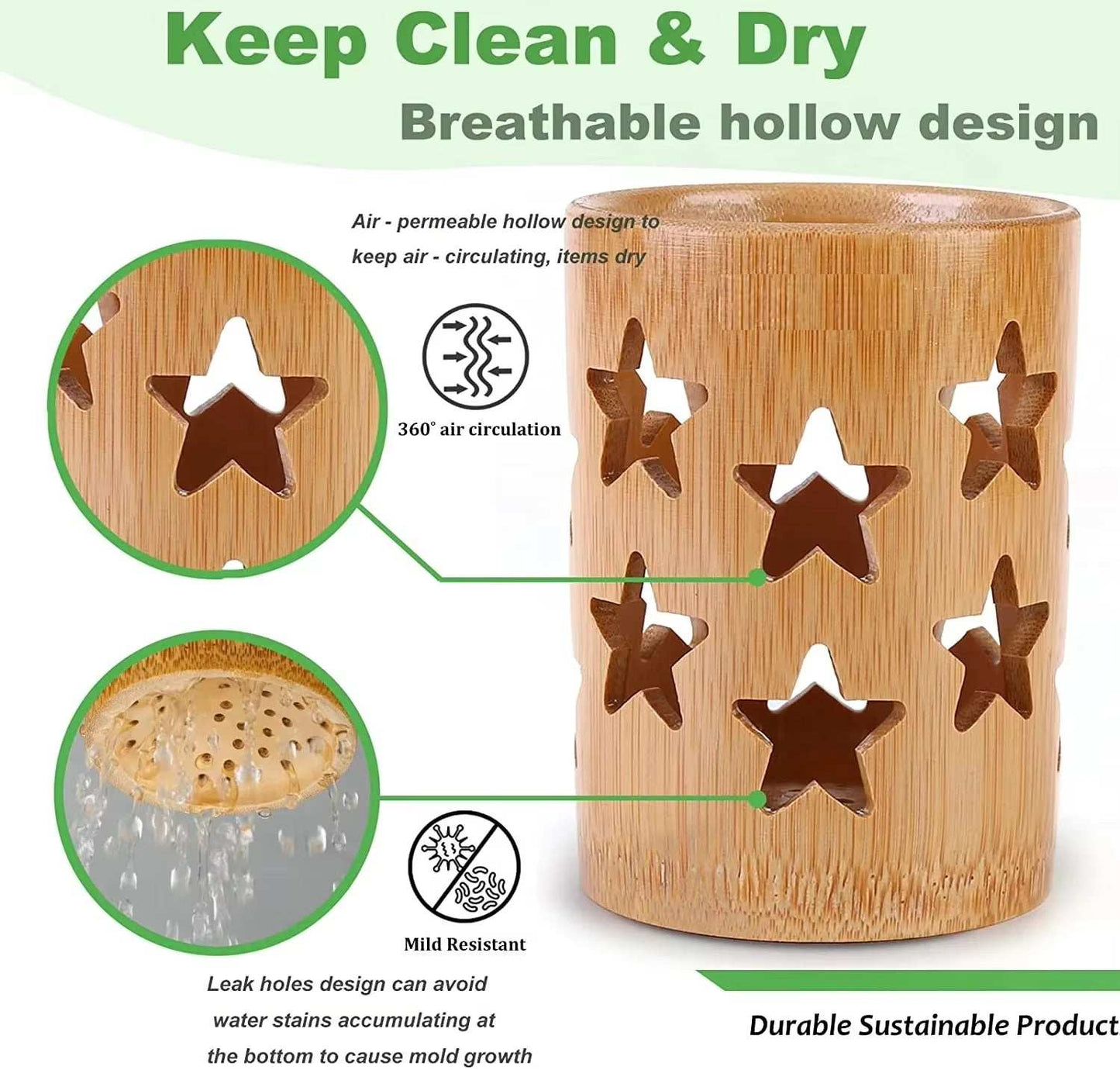 Bamboo toothbrush organizer with breathable star-shaped hollow design for air circulation and water drainage.