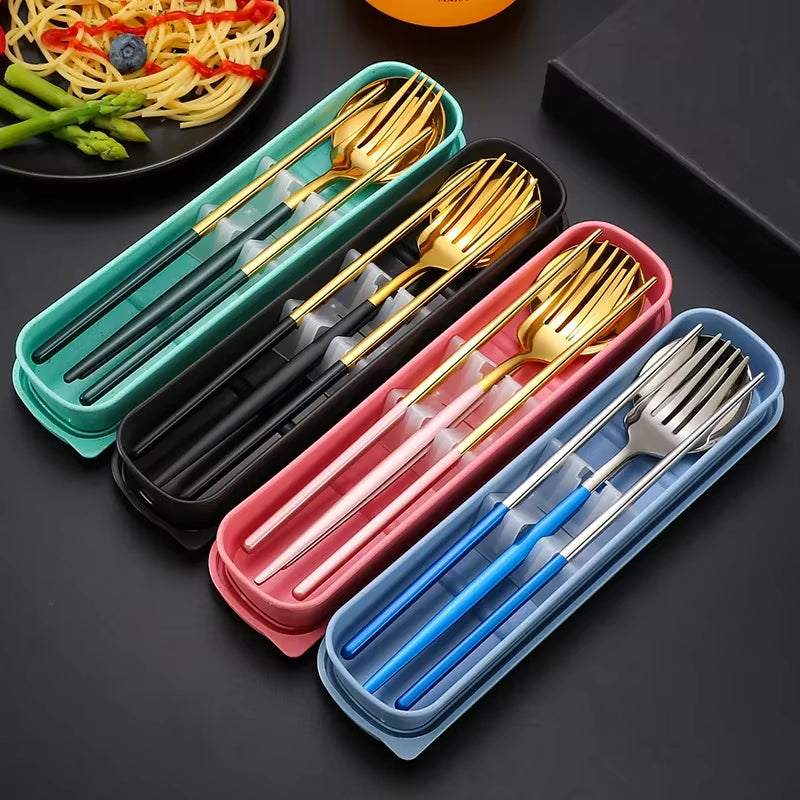 Eco-Friendly Stainless Steel Cutlery Set with Spoon, Fork, and Chopsticks in Colorful Travel Cases.
