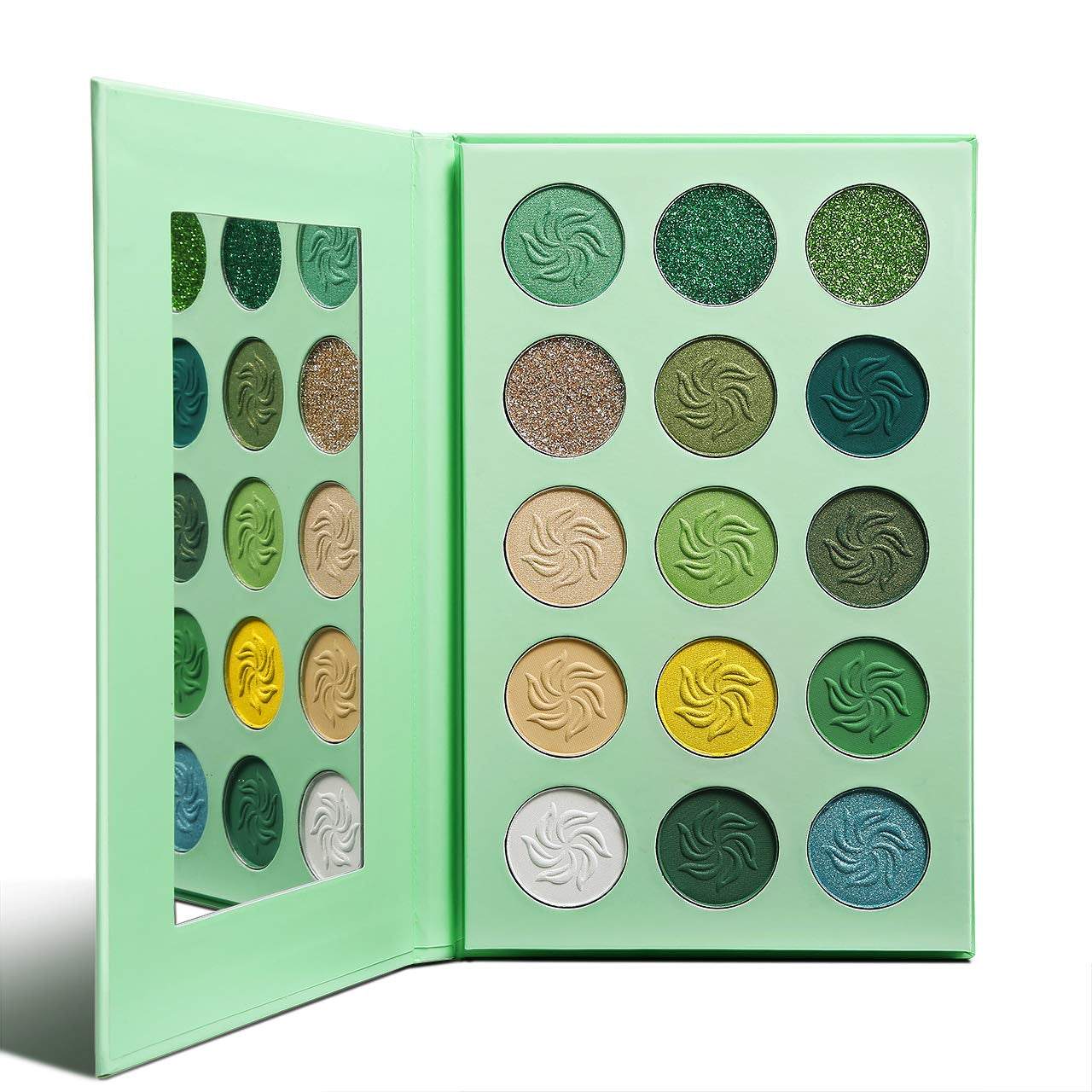 Green Eyeshadow Christmas makeup palette with 15 highly pigmented shades, including forest emerald, glittery greens, and yellow lime for bold festive looks.