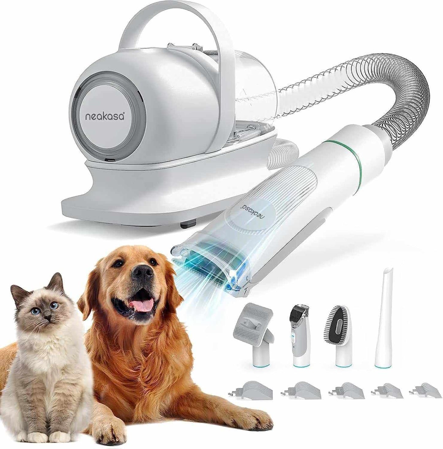 Pet Grooming Vacuum kit with powerful suction, adjustable clippers, and five grooming tools for dogs and cats