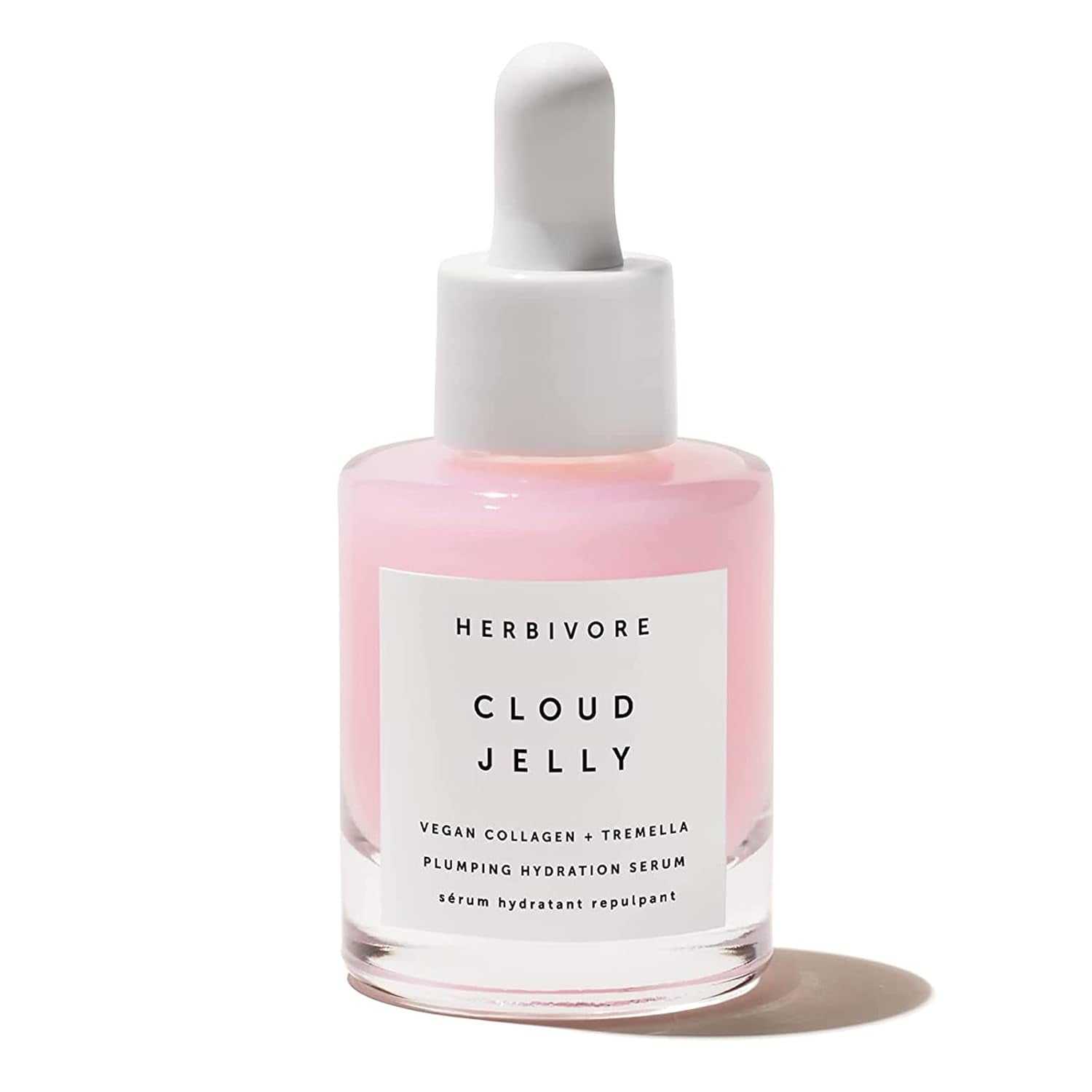 Herbivore Cloud Jelly Plumping Hydration Face Serum with vegan collagen and tremella mushroom in pink bottle with dropper