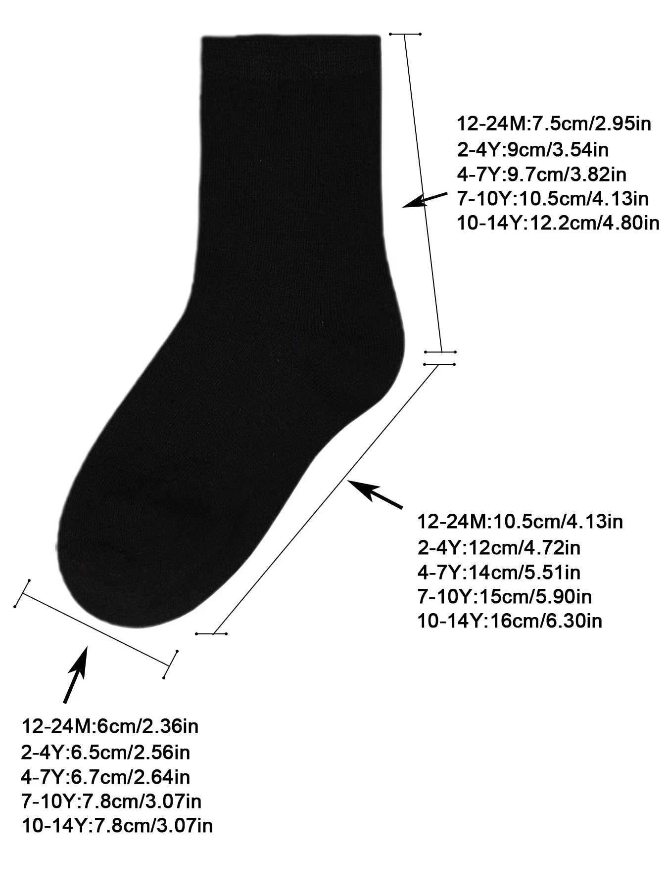 Kids multipack athletic sock, black mid-cut crew design, diagram with size measurements for toddlers and kids.