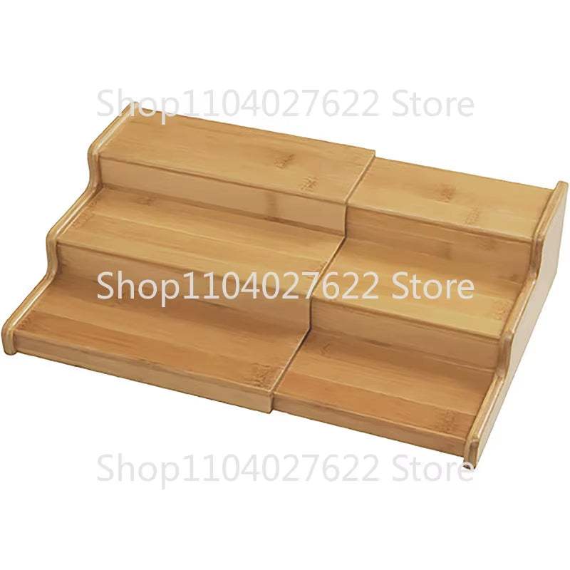Bamboo 3-tier organizer display shelf for kitchen storage.