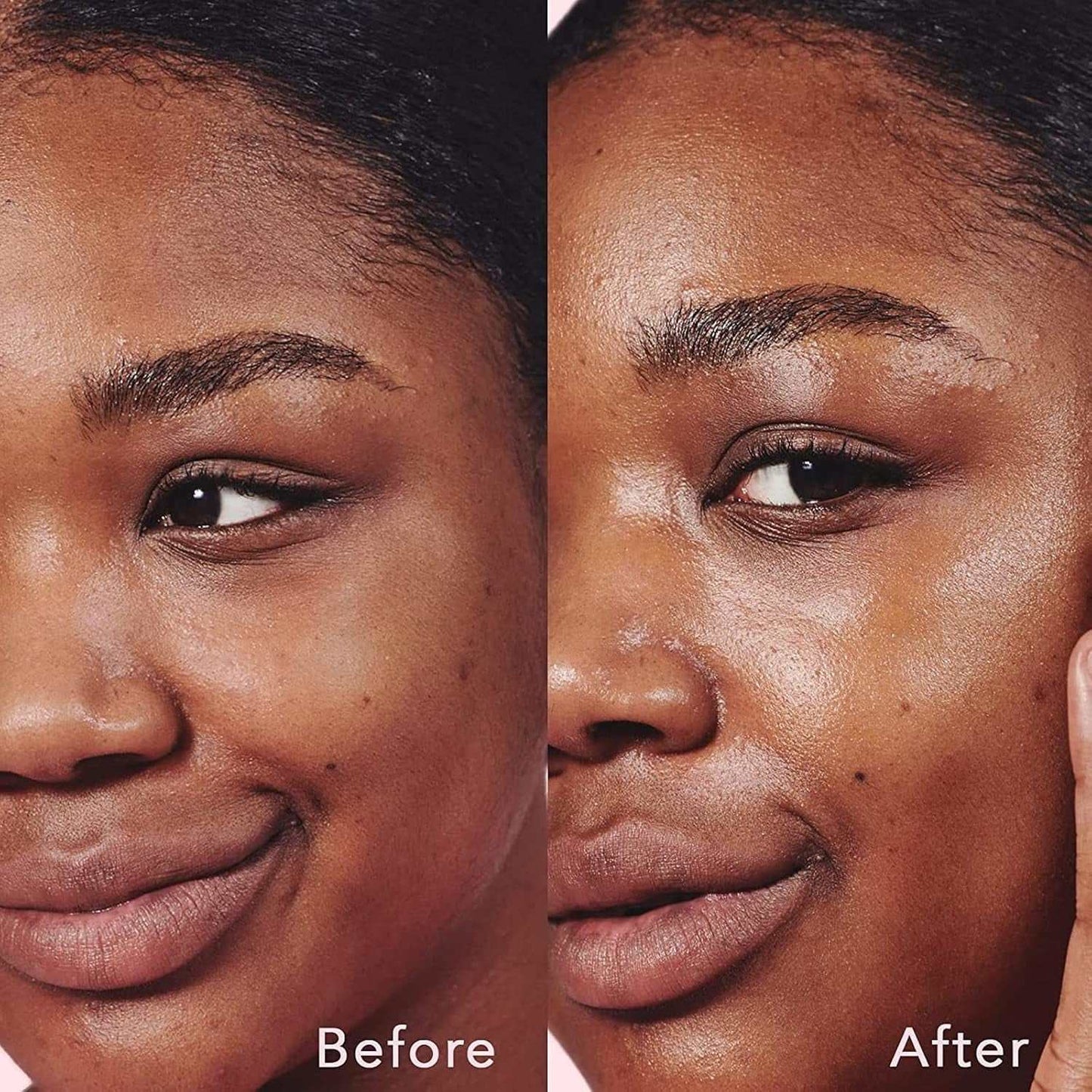 Before and after close-up of a woman's face showing skin plumping and hydration effects using Cloud Jelly Plumping Hydration Face Serum