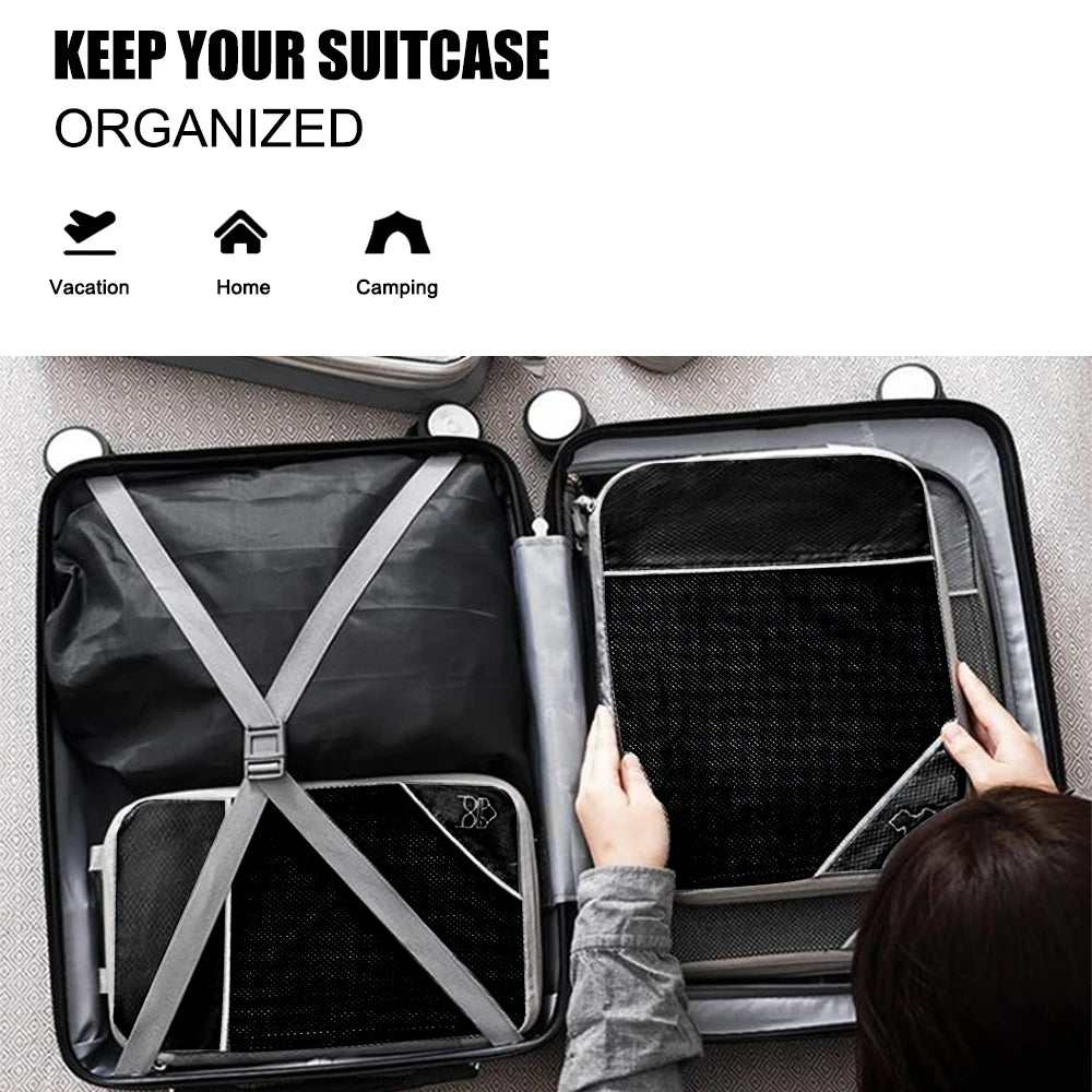Travel storage organizer set with multiple packing cubes in suitcase for efficient travel packing.
