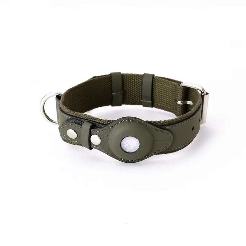 Adjustable leather pet collar with metal buckle and holder for Apple Airtag tracker