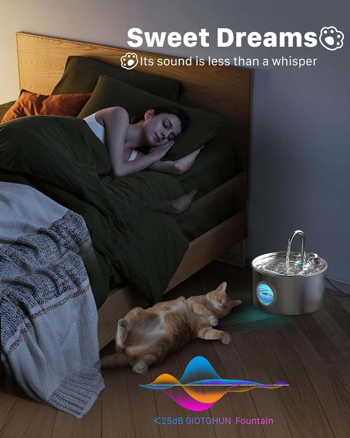 Quiet pet stainless steel water fountain with ultra-quiet pump, perfect for cats and small animals, promoting healthy hydration.