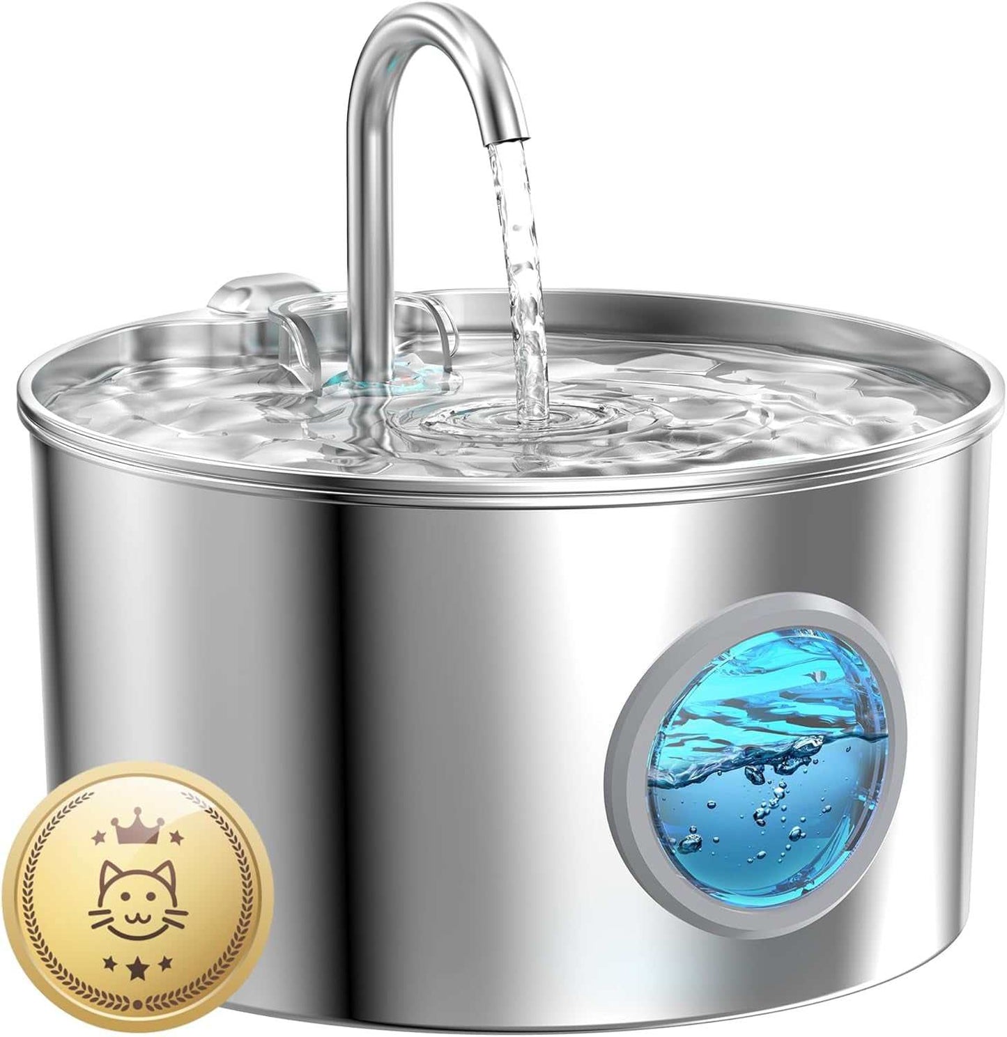 Pet stainless steel water fountain with ultra-quiet pump, continuous fresh water flow, and replaceable filter for cats and small animals.