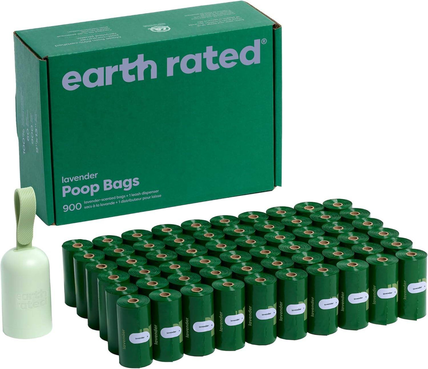 Earth Rated dog poop bag holder with 900 durable, lavender-scented, leakproof green bags and leash-attached dispenser for easy waste cleanup.