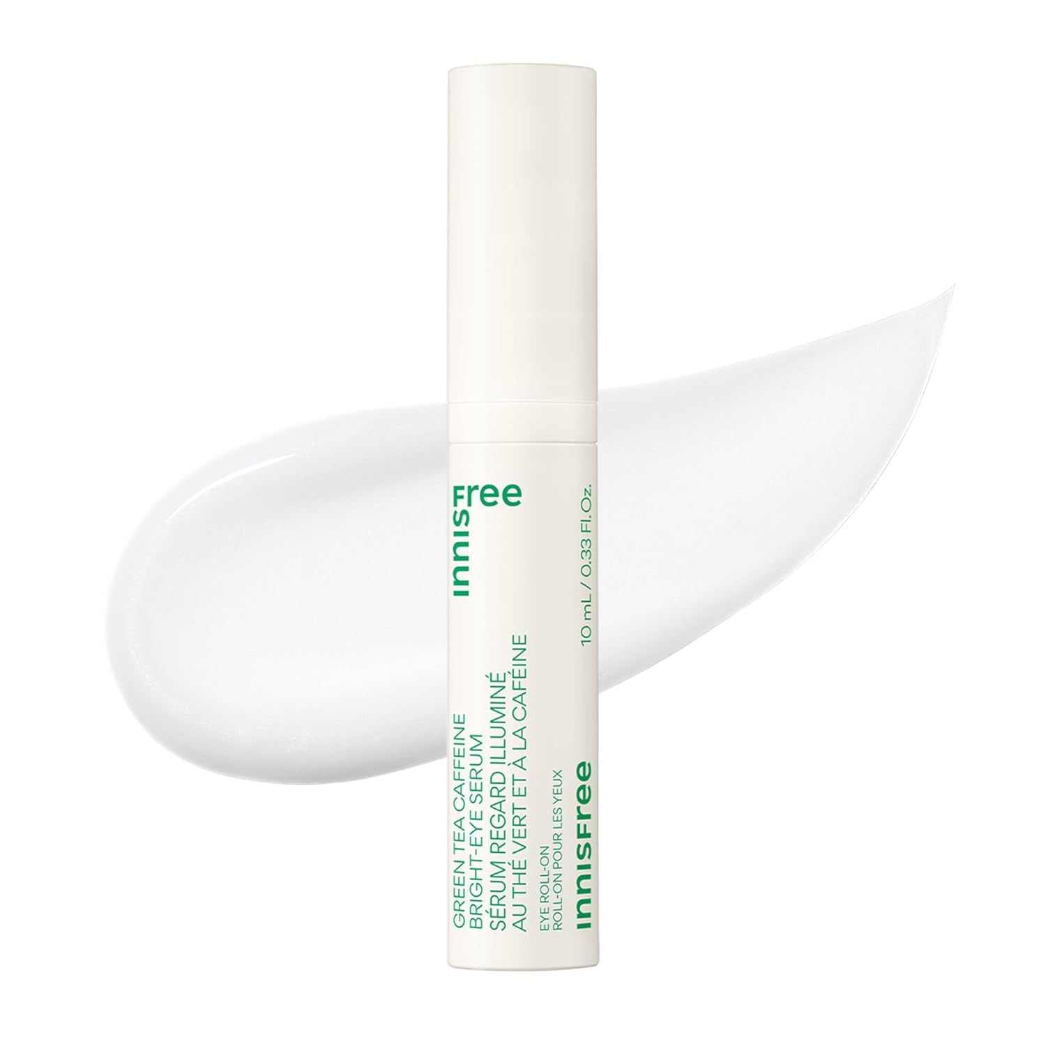 Cooling Eye Roll bright-eye serum with green tea, caffeine, and niacinamide for hydrating, brightening, and reducing puffiness under eyes.