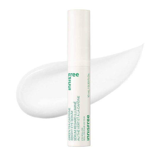 Cooling Eye Roll bright-eye serum with green tea, caffeine, and niacinamide for hydrating, brightening, and reducing puffiness under eyes.