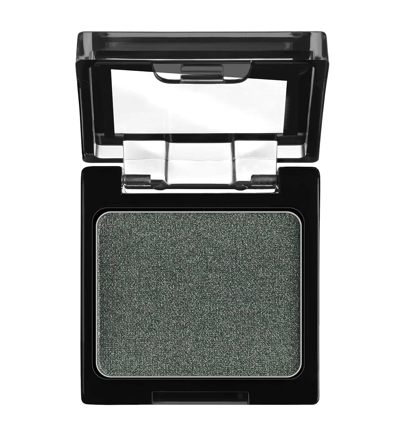 Ultra-pigmented dark green eyeshadow in a black compact with clear lid, Vitamin E infused for long-lasting vibrant color and smooth application.