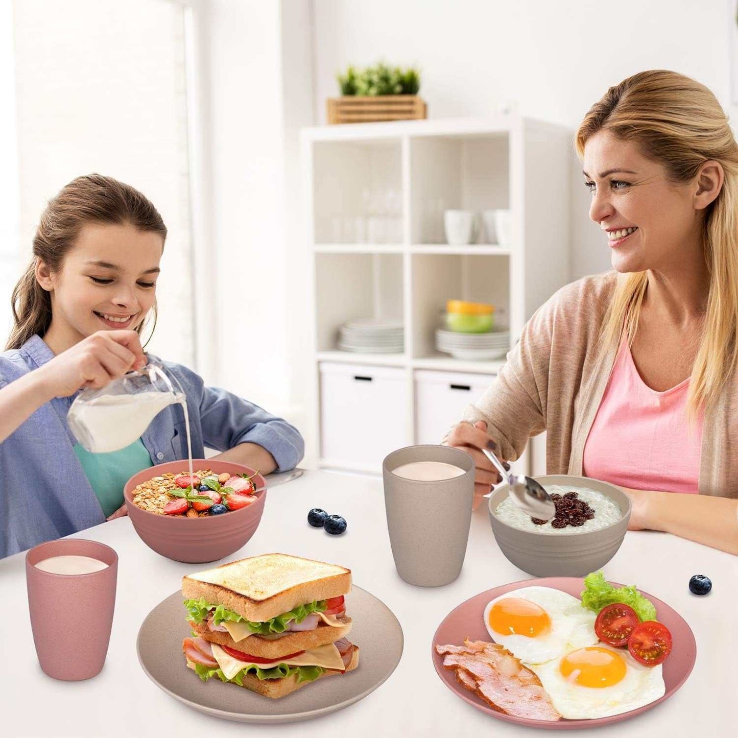 Unbreakable wheat straw dinnerware set with plates, bowls, cups in use; eco-friendly and perfect for everyday meals.