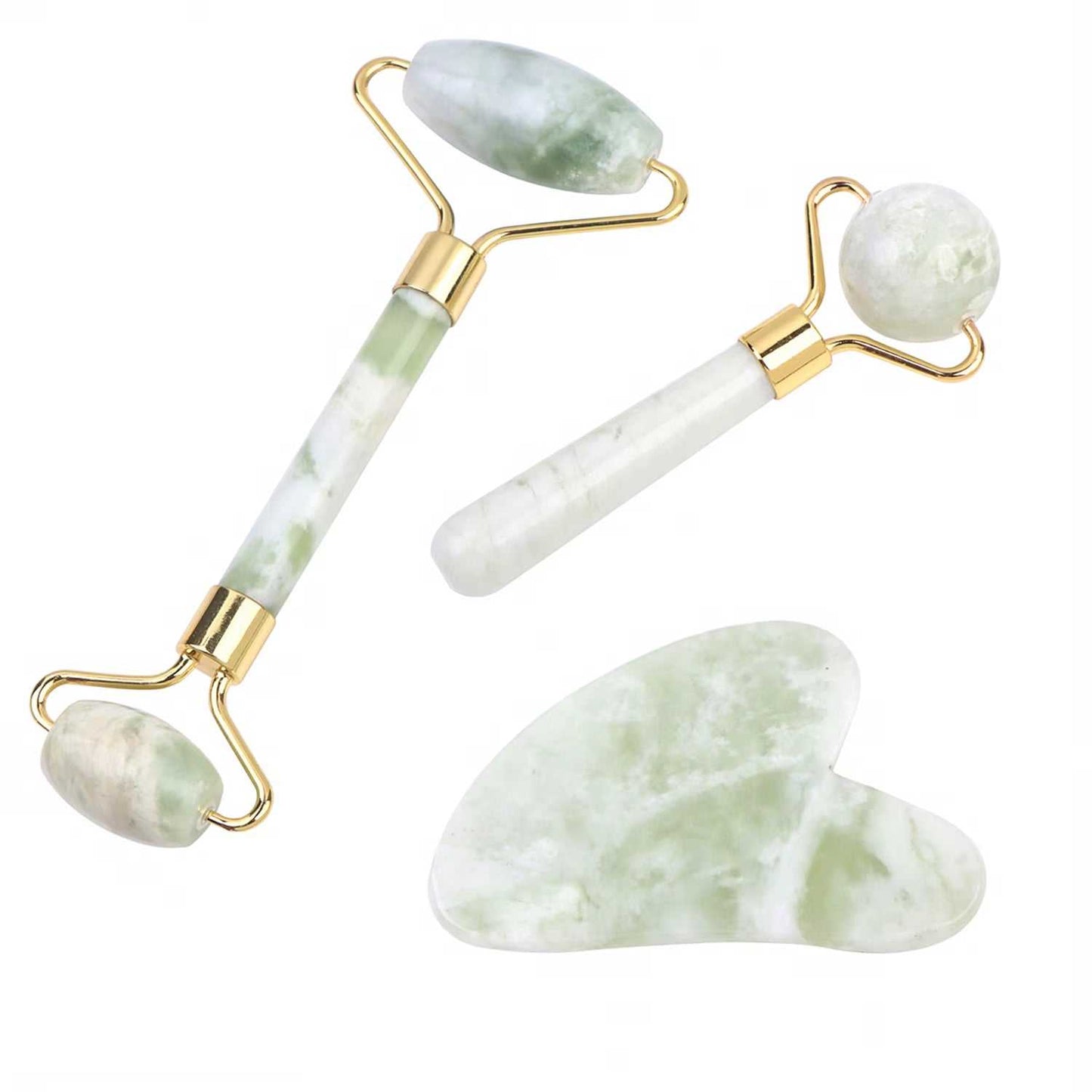 Natural jade roller and gua sha scraper set for facial massage and skin firming.