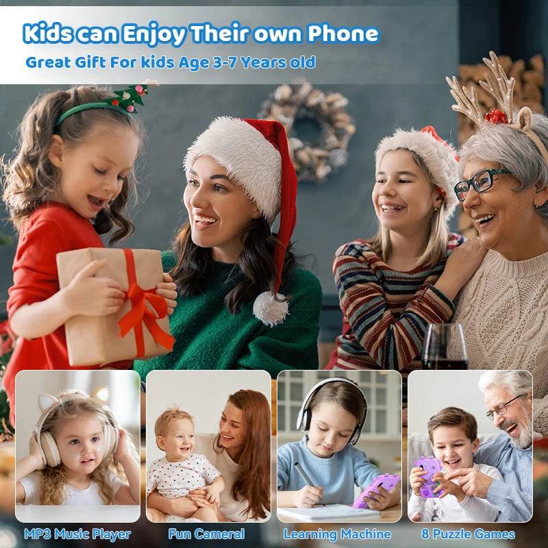 Kids enjoying a smart phone educational toy, perfect gift for ages 3-7, featuring music player and puzzle games.