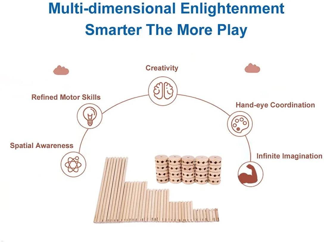 Kids wooden building block tinker toy set for creativity and STEM skills development.