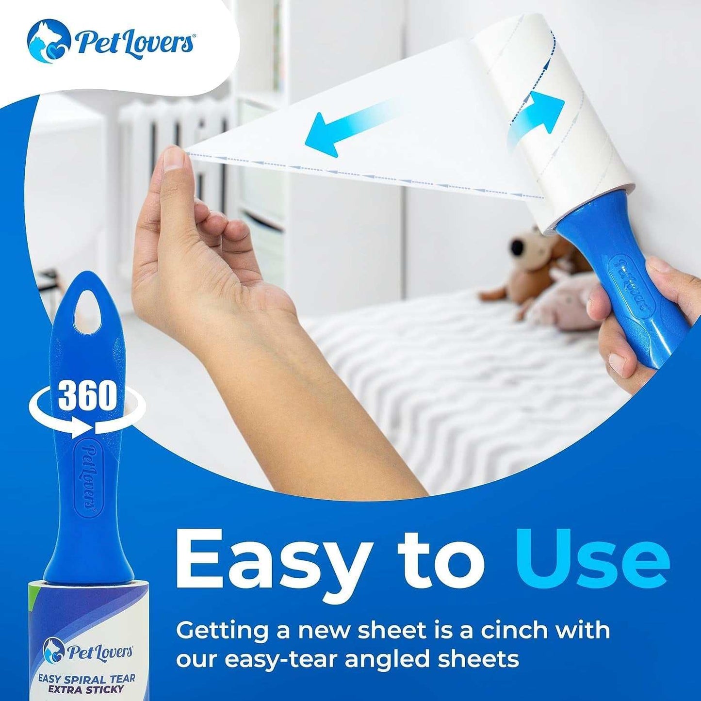 Pet Hair Removal Lint Roller with extra sticky sheets and ergonomic handle for easy pet hair and lint removal on clothes and furniture.