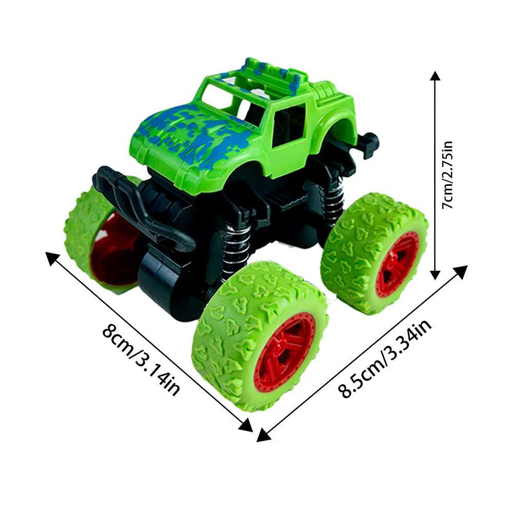 Kids 360-degree rotation car toy with bright green design and red wheels, showcasing its durable, shockproof build and friction-powered mobility.