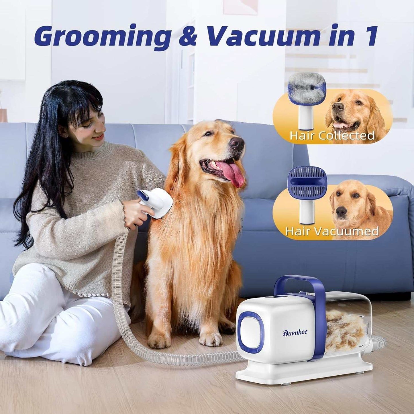 Pet Grooming Vacuum Kit with low-noise clipper, shedding brush, and integrated vacuum for easy hair collection on dogs and cats