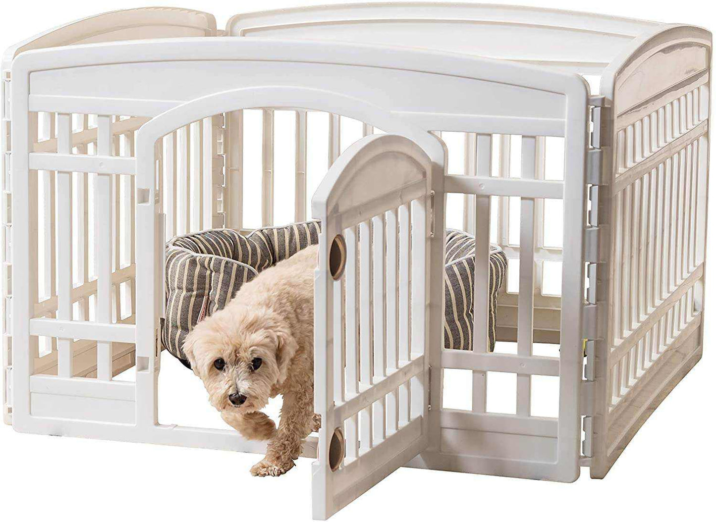 White pet exercise playpen door panel with secure locking gate for small dogs and puppies
