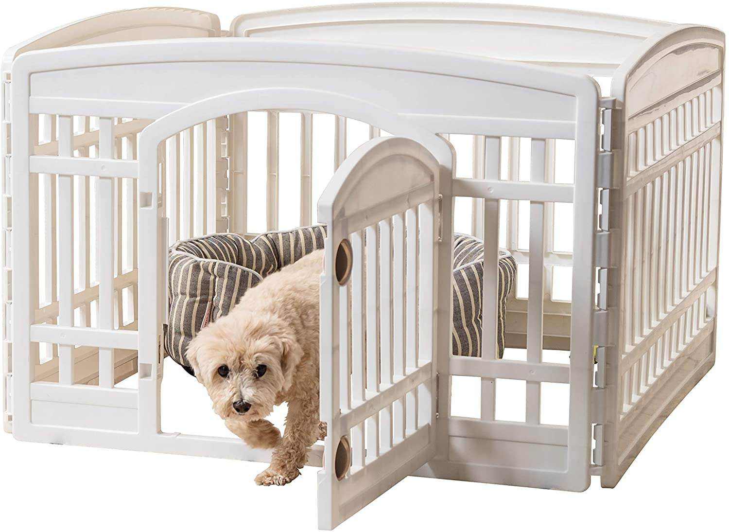 White pet exercise playpen door panel with secure locking gate for small dogs and puppies