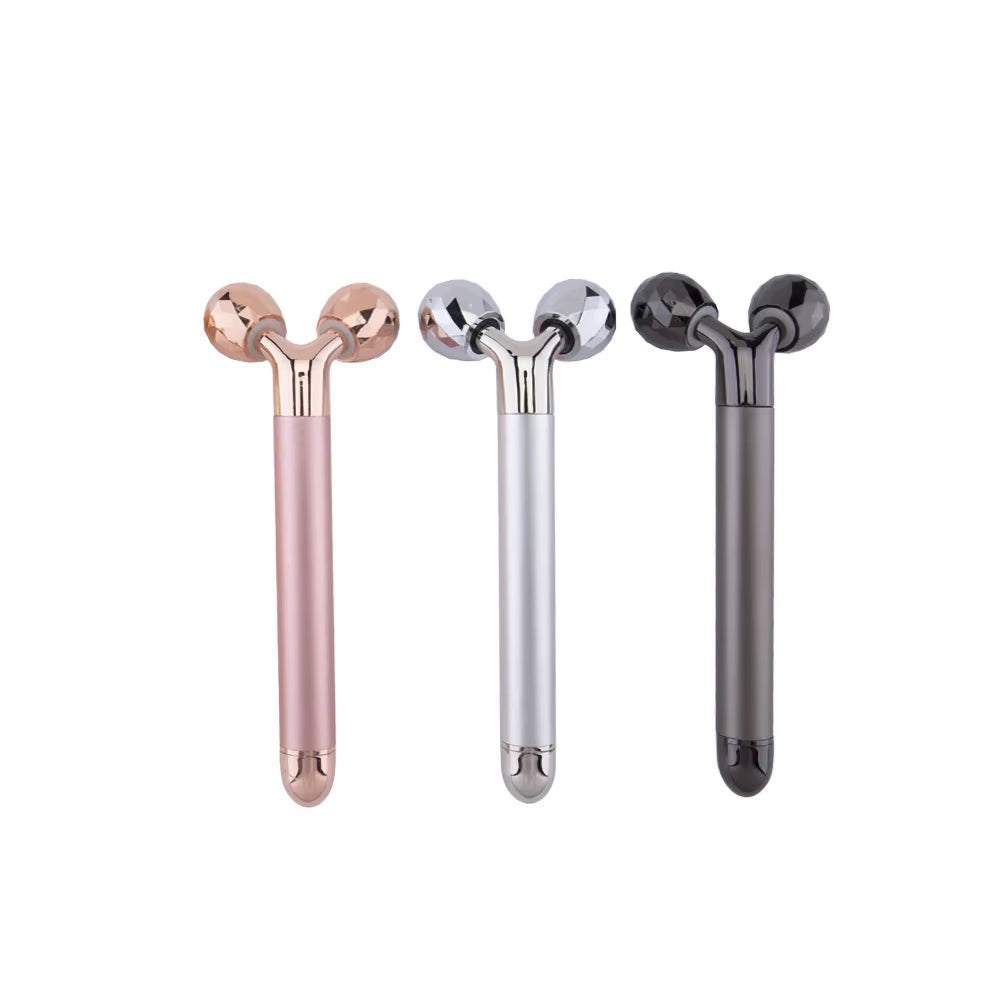 3D Roller Massager with dual rotating rollers in three colors for facial lifting and massage.