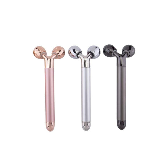 3D Roller Massager with dual rotating rollers in three colors for facial lifting and massage.