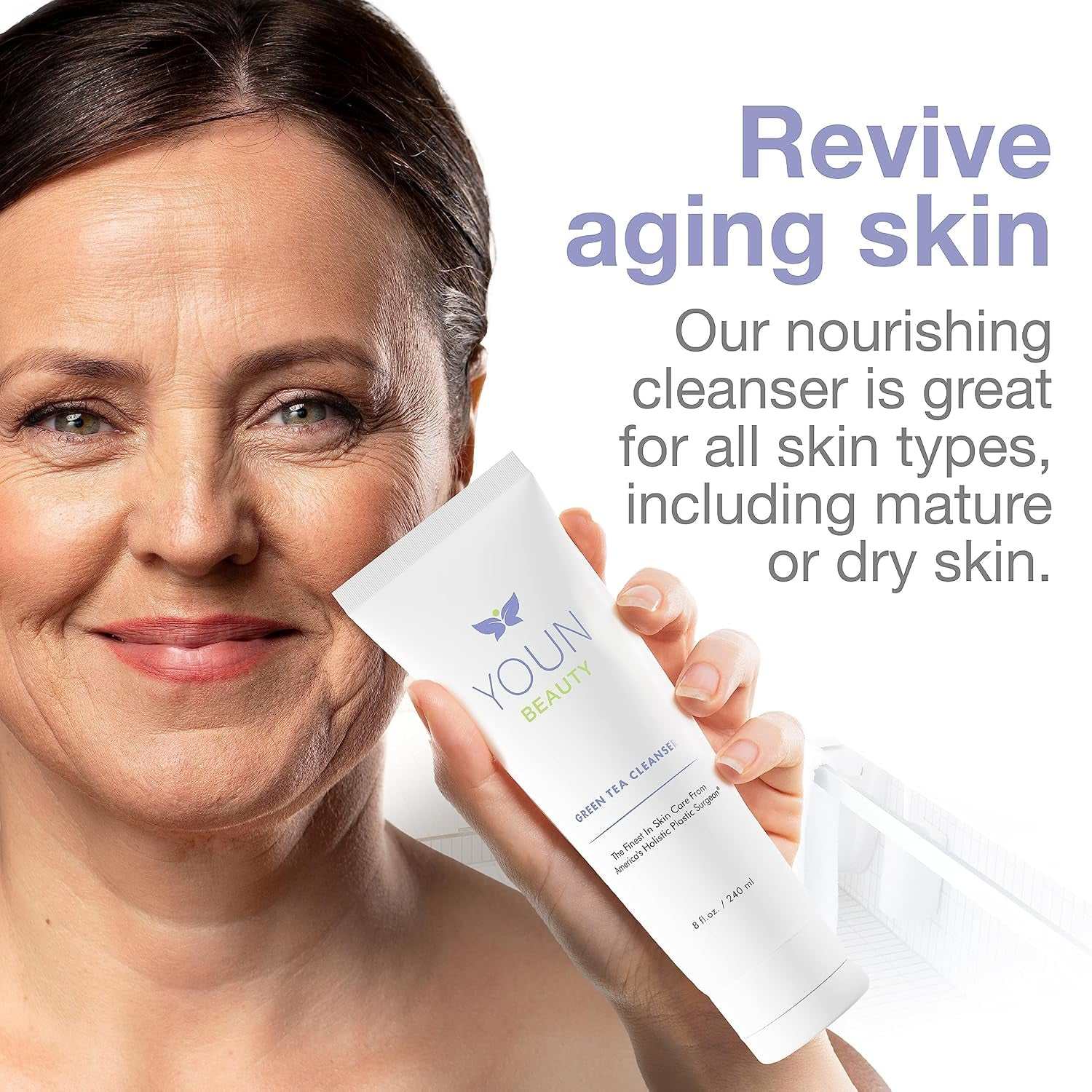 Paraben-free facial cleanser with green tea and aloe vera for hydrating and soothing all skin types including mature and dry skin