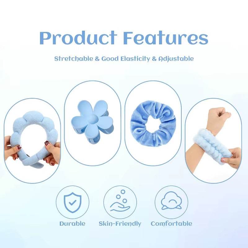 Stretchable, skin-friendly headband and wristband set in blue, offering durability and comfort for skincare routines.