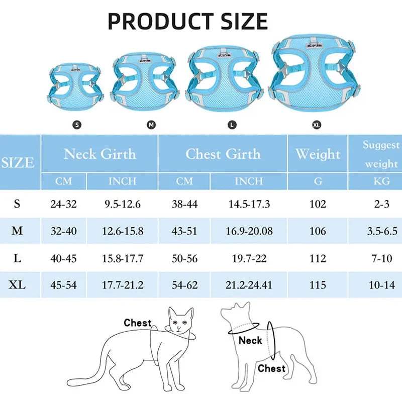 Blue breathable dog harness and leash set with adjustable straps and reflective strips for small to medium dogs, shown in four sizes from S to XL.