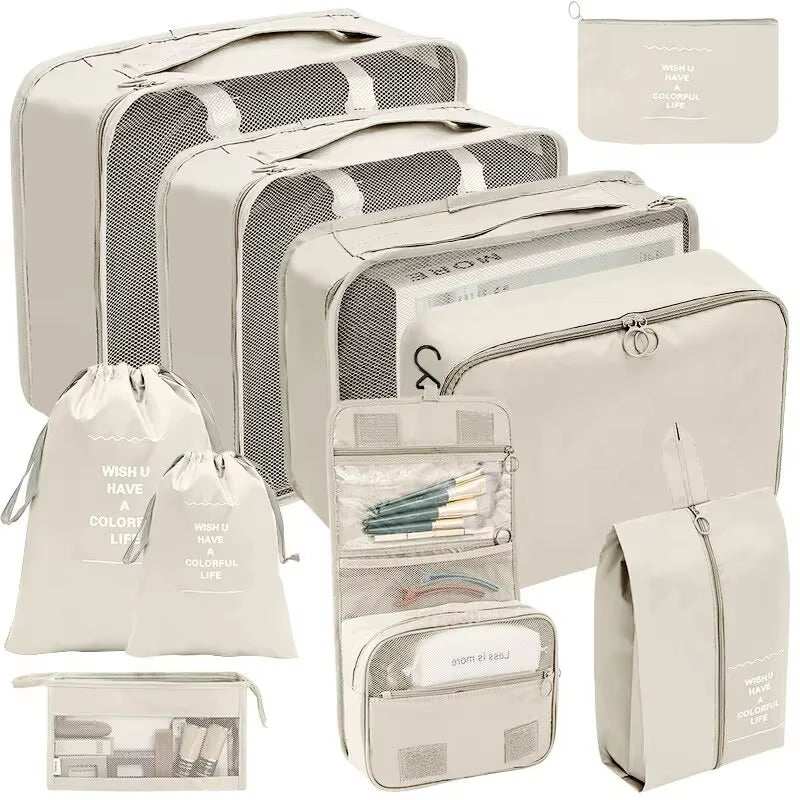 Travel organizer storage bag set featuring various sizes and designs for efficient packing, including cubes, laundry bags, and accessory cases, made from lightweight, water-resistant fabric for stress-free travel.