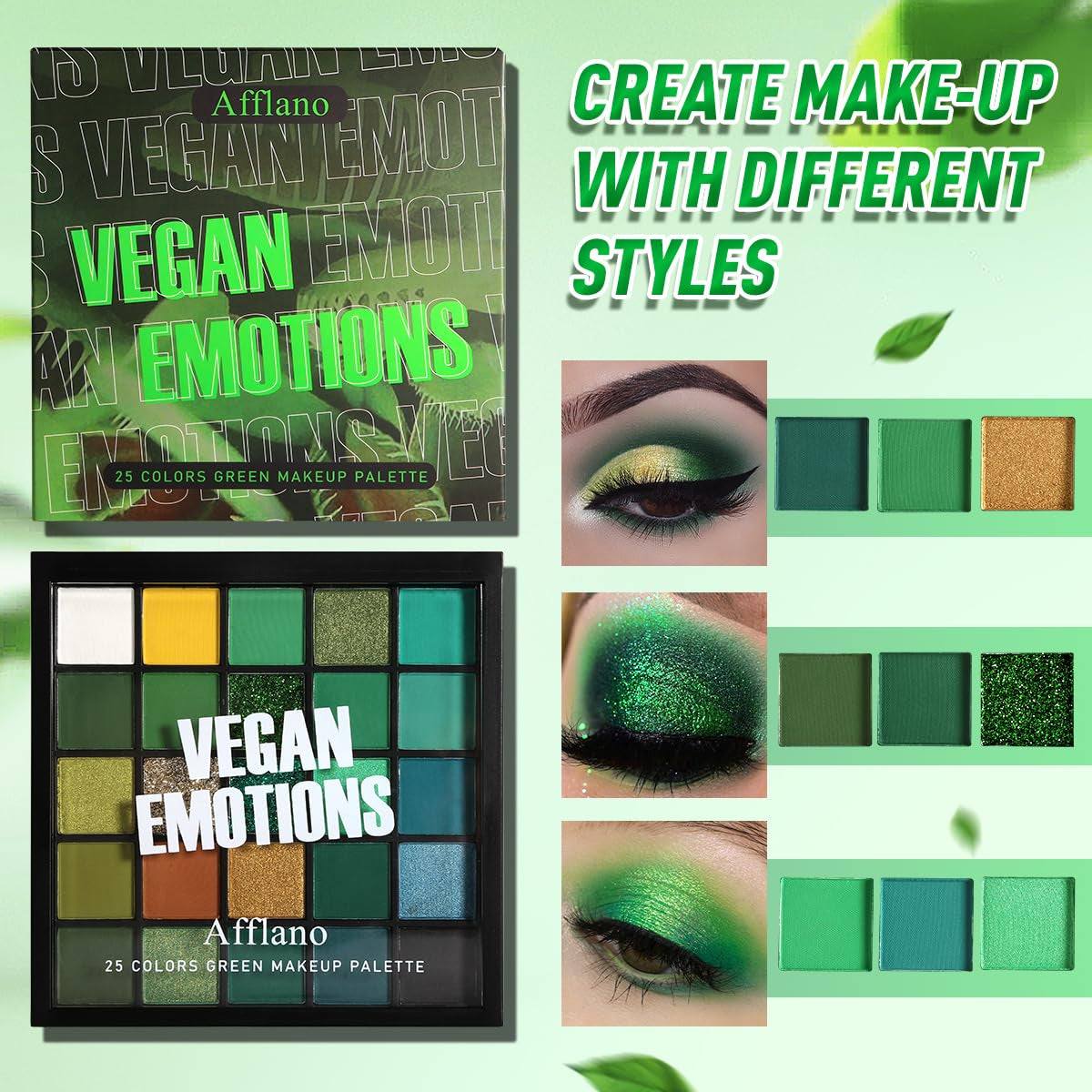 Emerald Green Eyeshadow Palette with 25 versatile shades, including matte, shimmer, and glitter finishes for bold, creative eye looks.