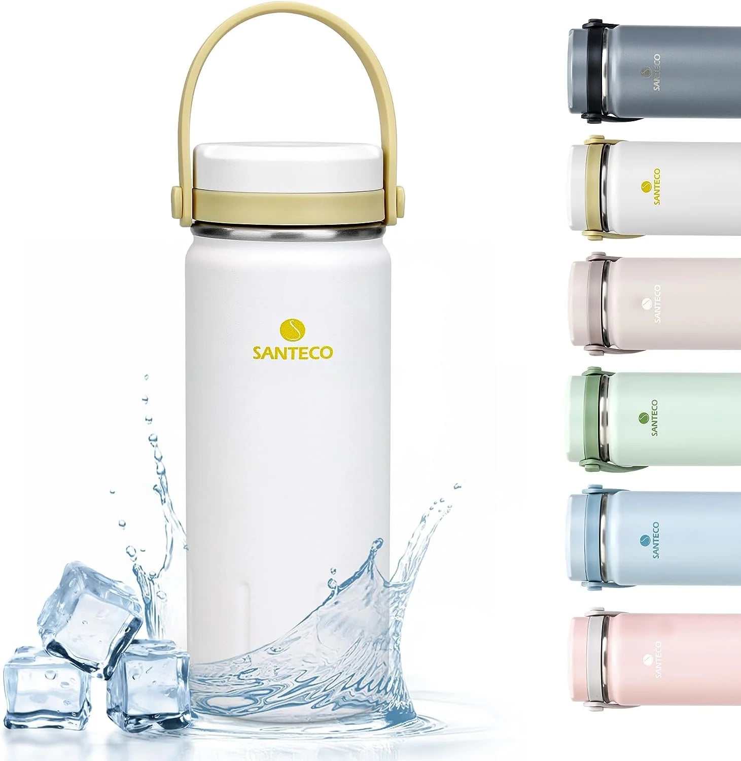 Santeco water bottle with handle, leakproof lid, and 18/8 stainless steel, available in multiple colors; ideal for keeping beverages hot or cold.