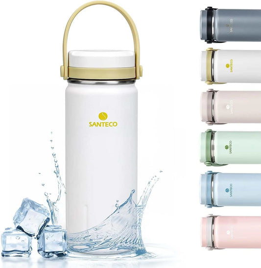 Santeco water bottle with handle, leakproof lid, and 18/8 stainless steel, available in multiple colors; ideal for keeping beverages hot or cold.
