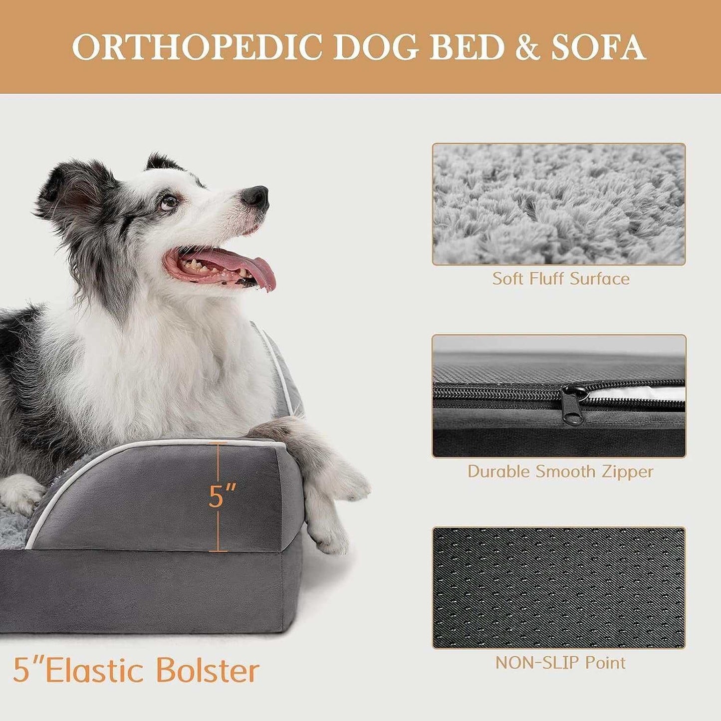 Extra-large dog orthopedic foam bed with waterproof removable cover, non-slip bottom, bolstered sides, and soft fluff surface for joint relief and comfort.