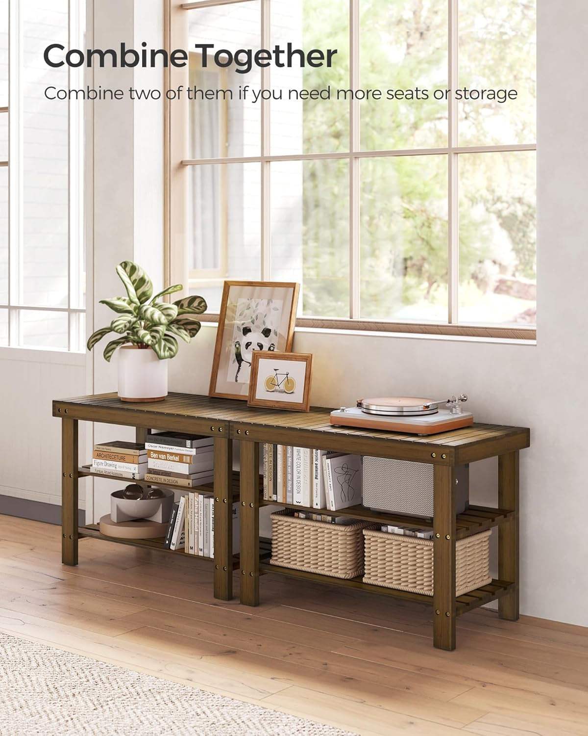 Stylish three-tier bamboo shoe rack bench in bright room with natural light, used as seating and storage.