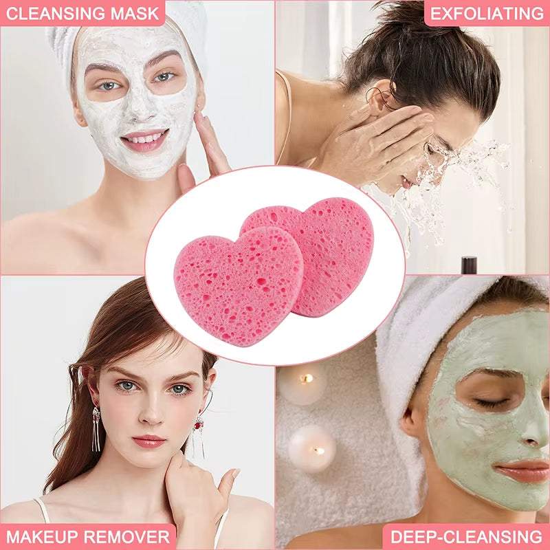 Heart-shaped pink sponges for makeup removal and skincare, displayed with women using cleansing and exfoliating products.