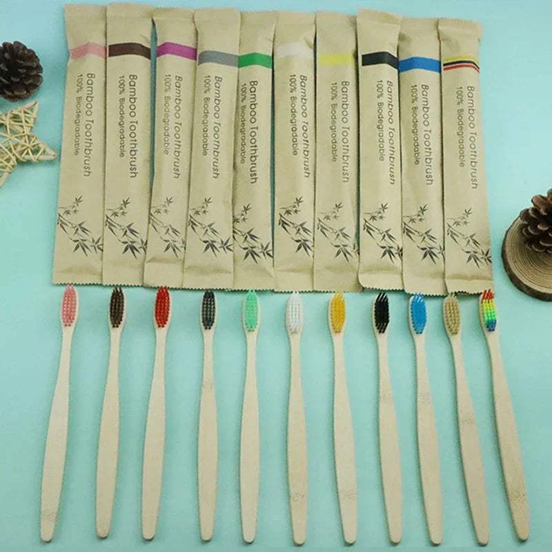 Set of 10 natural bamboo toothbrushes with colorful charcoal-infused soft bristles for eco-friendly oral care