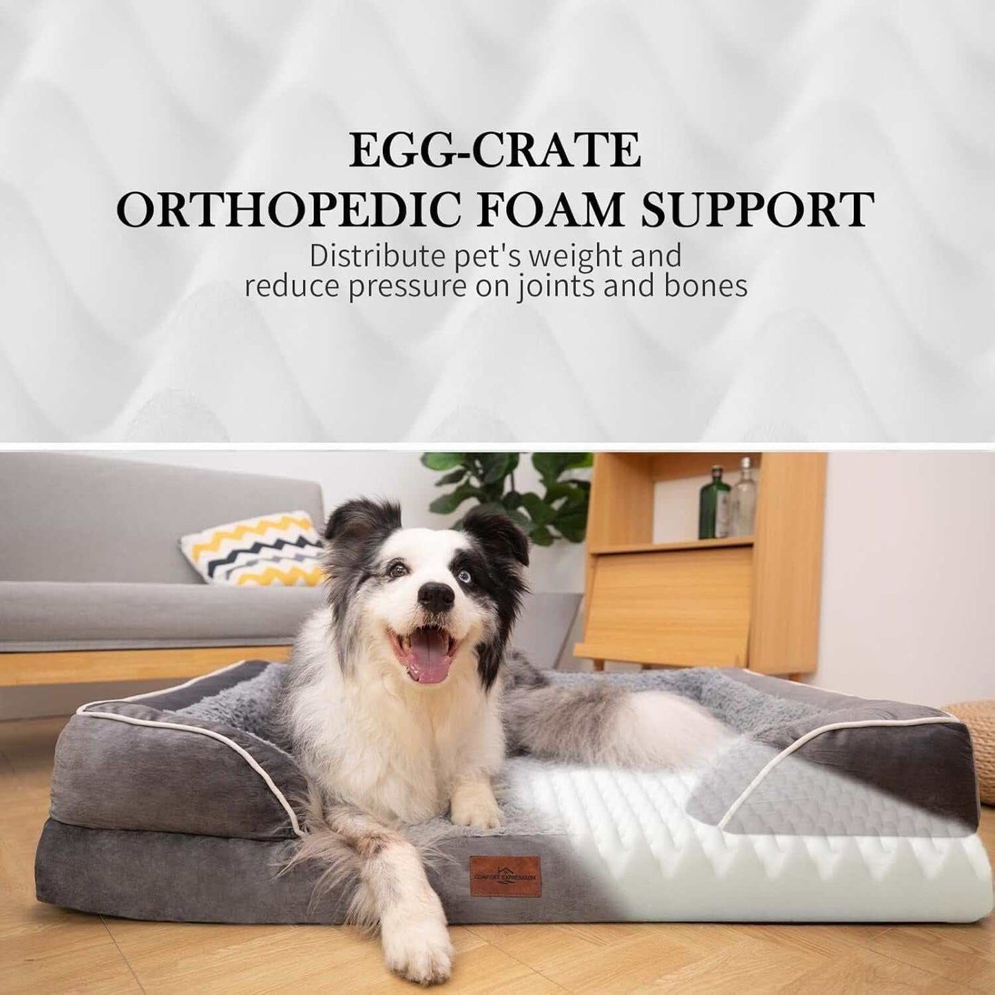 Waterproof orthopedic foam dog bed with bolstered sides, removable washable cover, and non-slip bottom for joint support and comfort.