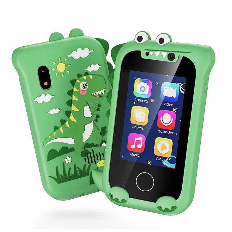Kids smart phone educational toy with touchscreen, dual cameras, musical player, and learning games in a green dinosaur design.