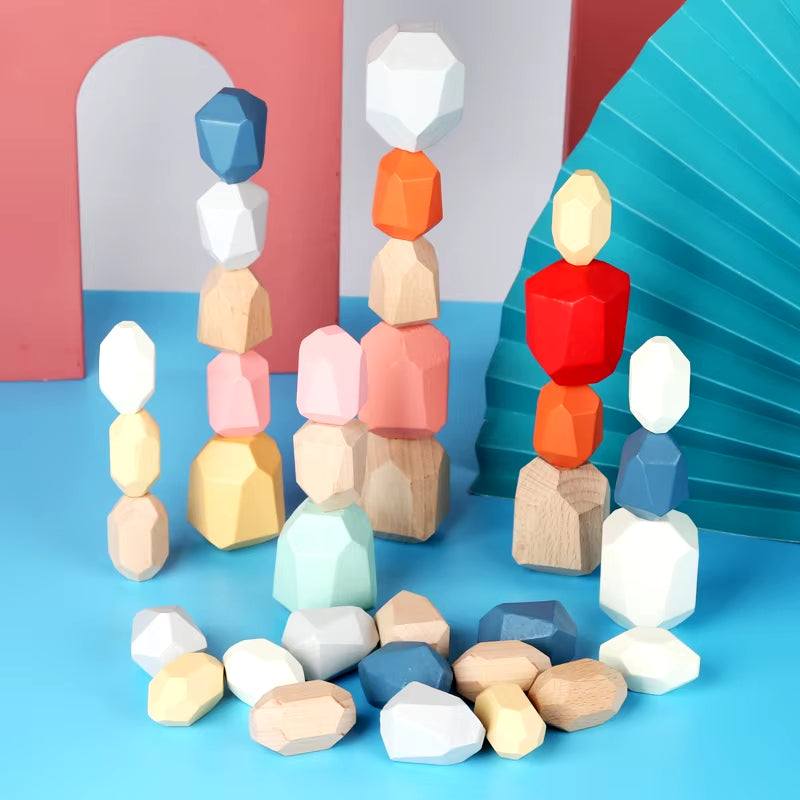 Colorful wooden stacking stones for sensory toddler play, enhancing balance and creativity.