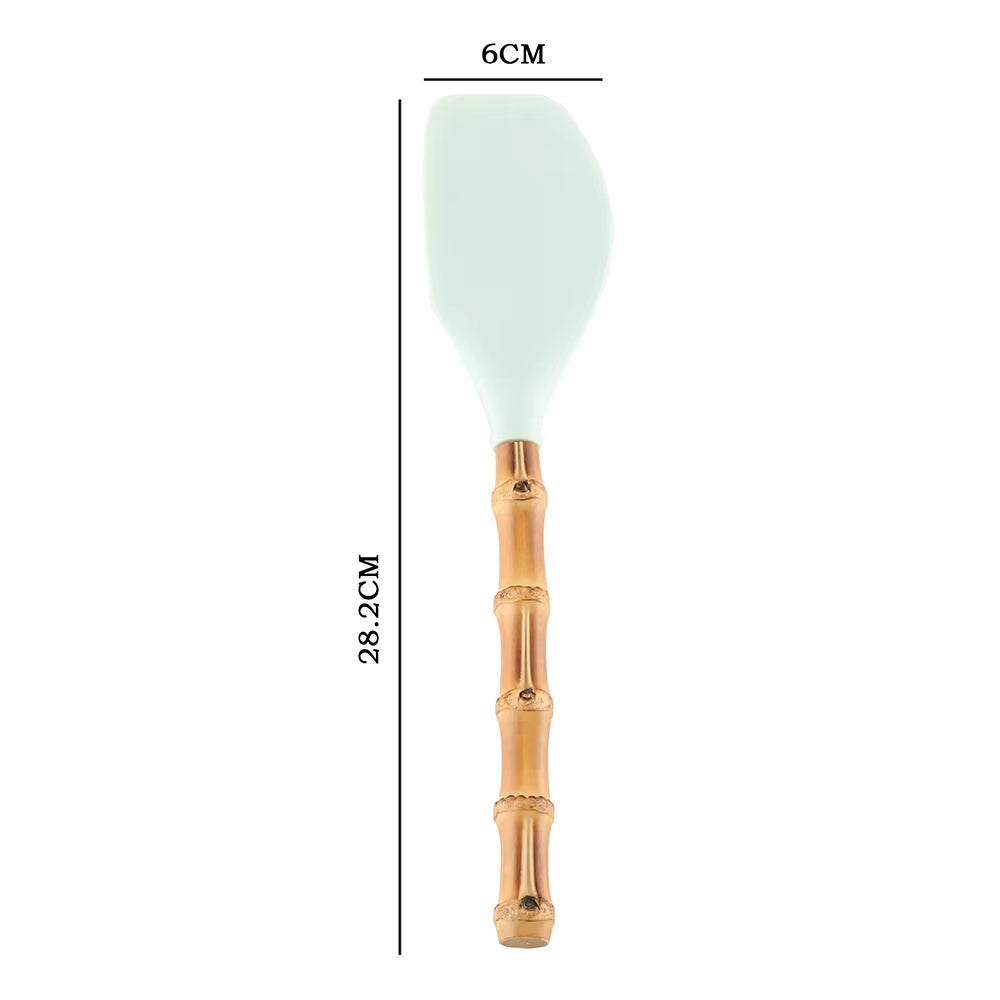 Bamboo kitchenware root silicone kitchen spatula with ergonomic handle, measuring 28.2cm by 6cm.