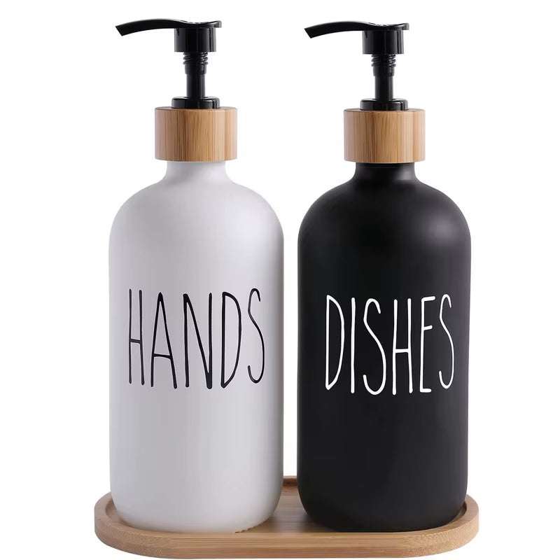 500ML soap and dish pump set with wooden pump tops and labeled bottles for hands and dishes on a wooden tray