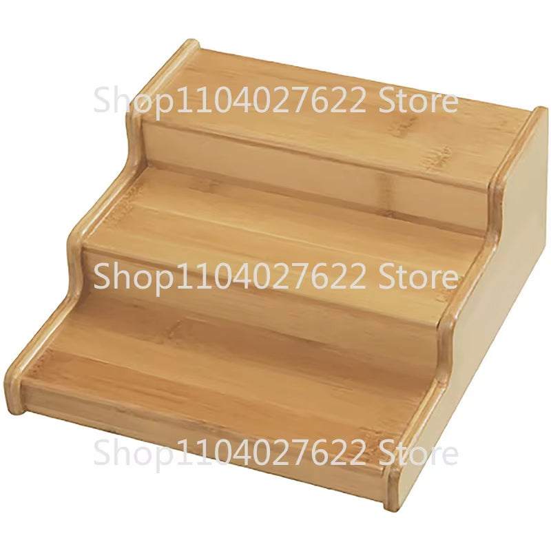 Natural bamboo 3-tier organizer display shelf for kitchen countertop storage and spice organization