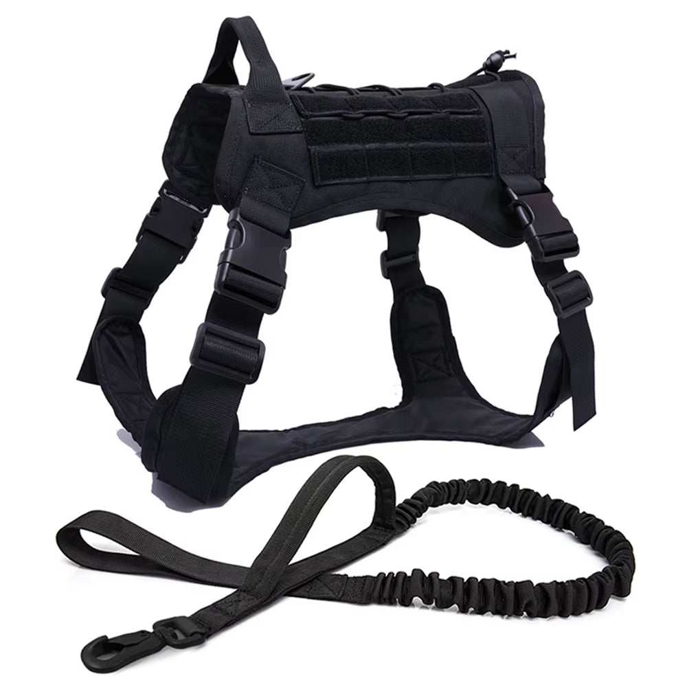 Black tactical dog harness with adjustable straps and matching leash for medium to large dogs