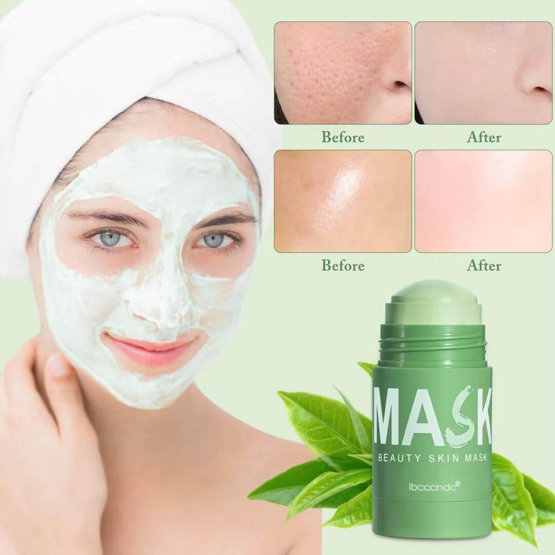 Blackhead remover face mask stick with green tea extract showing before and after results on skin pores and oil control