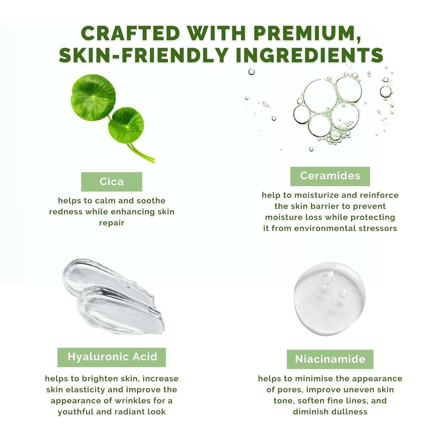 Graphic showcasing skin-friendly ingredients: Cica for calming redness, Ceramides for moisture retention, Hyaluronic Acid for skin elasticity, Niacinamide for reducing imperfections.