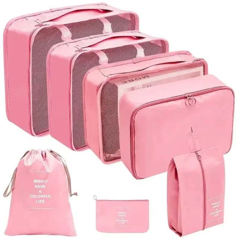 Pink Travel Organizer Storage Bag Set including packing cubes, shoe pouch, and laundry bag for efficient suitcase organization.