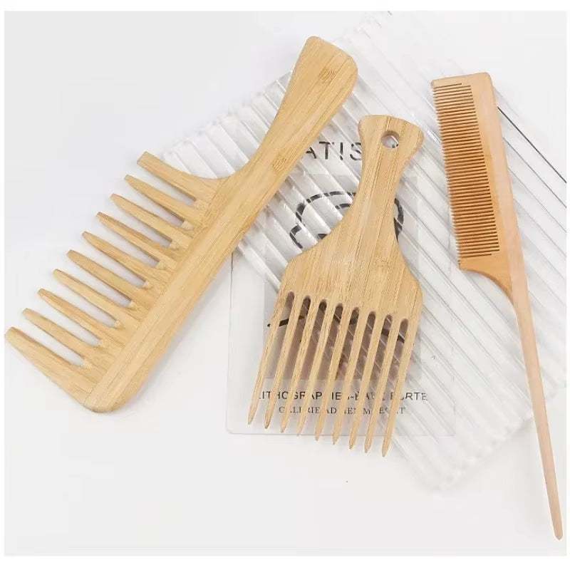 Set of three bamboo wooden hair combs including wide-tooth and fine-tooth designs for gentle, eco-friendly hair care.